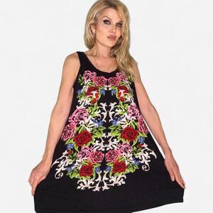 Floral Print on Black Long Sleeveless Trapeze Tank